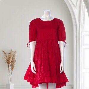 Merlette Sering Mini Dress Swing Tiered Ruffle Cotton Puff Sleeve Berry Womens S